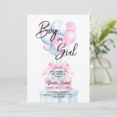 ブルーピンクのバルーン驚きのボックス性別の表示 招待状 (スタンド正面)