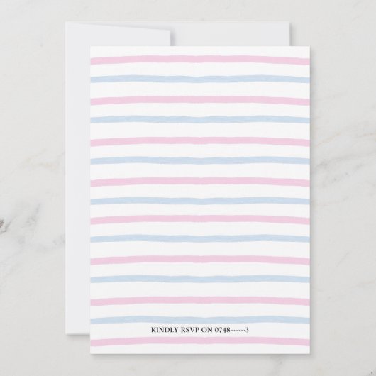 ブルーピンクのバルーン驚きのボックス性別の表示 招待状 (裏面)