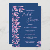 ブルーピンクのフローラ植物葉ブライダルシャワー 招待状 (正面/裏面)