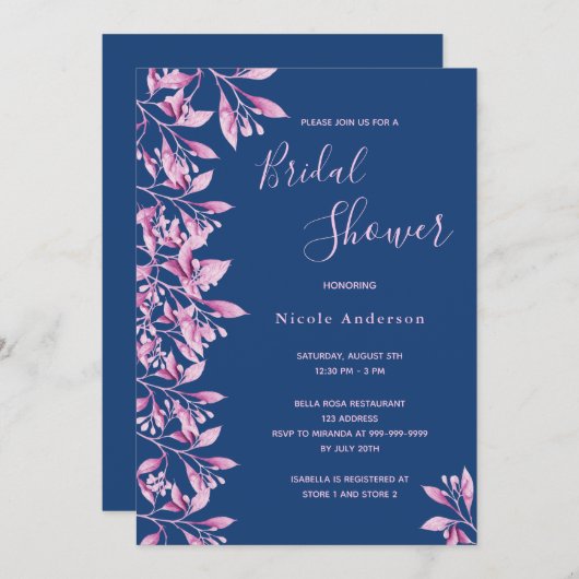 ブルーピンクのフローラ植物葉ブライダルシャワー 招待状 (正面/裏面)