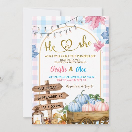 ブルーピンクのプライドかぼちゃのパッチ性別リビール 招待状 (正面)