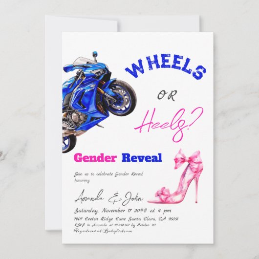 ブルーピンクのホイールまたはヒールの性別の表示 招待状 (正面)
