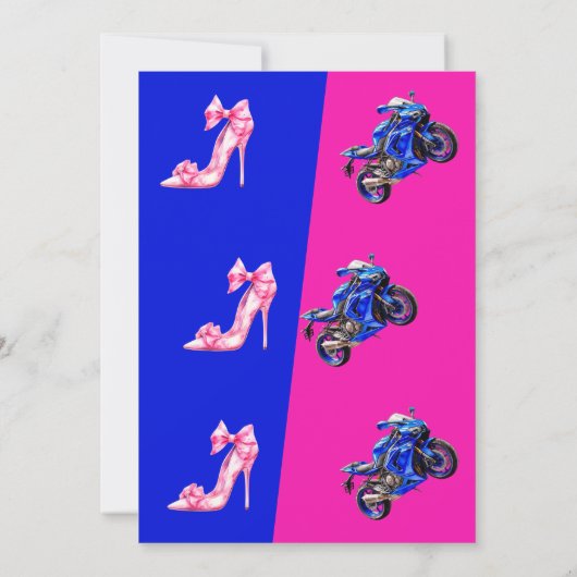 ブルーピンクのホイールまたはヒールの性別の表示 招待状 (裏面)