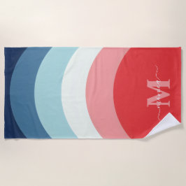 ブルーピンクのレインボーカーブストライプのモノグラム名 ビーチタオル