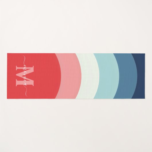 ブルーピンクのレインボーカーブストライプのモノグラム名 ヨガマット (正面(横))