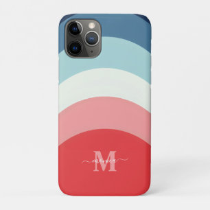 ブルーピンクのレインボーカーブストライプのモノグラム名 iPhone 11 PROケース