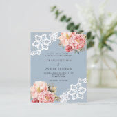 ブルーピンクのローズ金ゴールドフローラレース結婚式招待状 (スタンド正面)