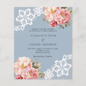 ブルーピンクのローズ金ゴールドフローラレース結婚式招待状 (正面)