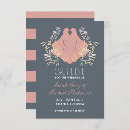 ブルーピンクのヴィンテージ花結婚式の日付を保存 セーブザデート (正面/裏面)