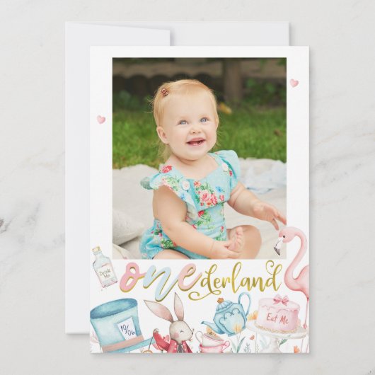 ブルーピンクの写真Alice in Onederland 1st誕生日 招待状 (裏面)