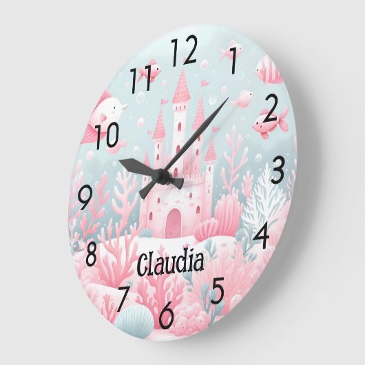 ブルーピンクの城魚の海のおとぎ話子供部屋 ラージ壁時計 (傾斜)