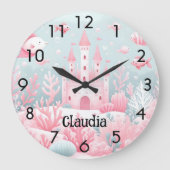 ブルーピンクの城魚の海のおとぎ話子供部屋 ラージ壁時計 (正面)