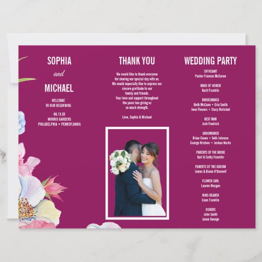 ブルーピンクの水彩花の結婚式プログラムフライヤー (正面)