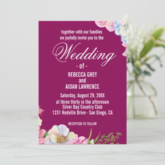 ブルーピンクの水色の結婚花 招待状 (スタンド正面)