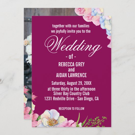 ブルーピンクの水色の結婚花 招待状 (正面/裏面)