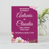 ブルーピンクの水色の花の結婚式の日付を保存 招待状 (スタンド正面)