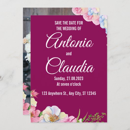 ブルーピンクの水色の花の結婚式の日付を保存 招待状 (正面/裏面)