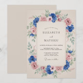 ブルーピンクの花のアーチの結婚式 招待状 (正面/裏面)