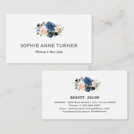ブルーピンクの花プロフェッショナルメイクアップヘアスタイル 名刺 (正面/裏面)