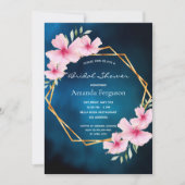 ブルーピンクの花幾何学的ブライダルシャワー 招待状 (正面)