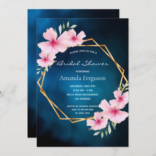 ブルーピンクの花幾何学的ブライダルシャワー 招待状 (正面/裏面)