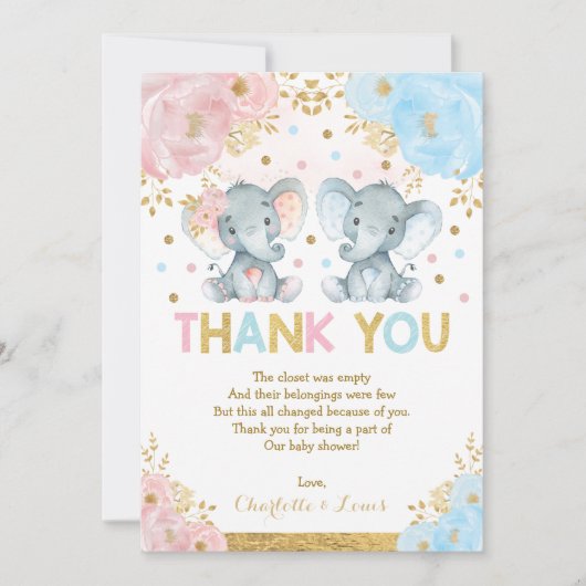 ブルーピンクの花象の男の子の子の赤ちゃんシャワー サンキューカード (正面)