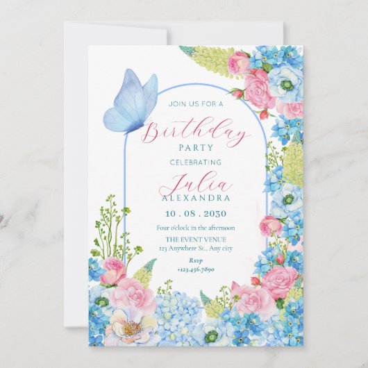 ブルーピンクの花開花蝶の誕生日 招待状 (正面)
