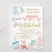 ブルーピンクの金ゴールドアリスOnederland 1st誕生日 招待状 (正面)