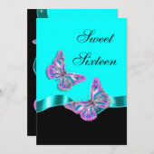 ブルーピンクの黒い蝶リボン 招待状 (正面/裏面)