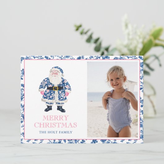 ブルーピンクのChinoiserieトイレクリスマスサンタ写真 シーズンカード (スタンド正面)