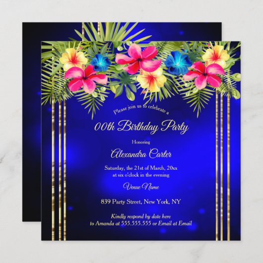 ブルーピンクイエローハイビスカス熱帯フローラパーティー 招待状 (正面/裏面)
