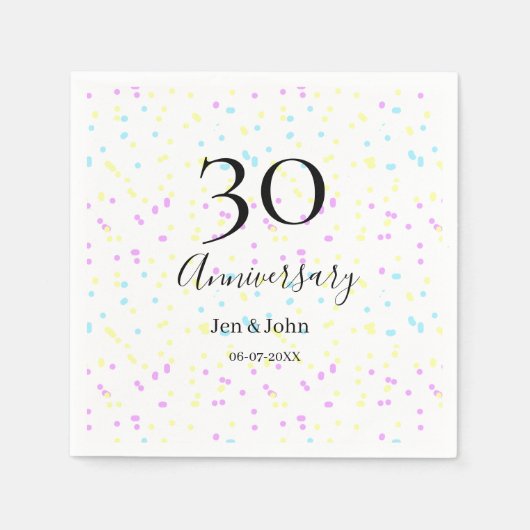 ブルーピンクイエロー水玉模様30周年記念 スタンダードカクテルナプキン (正面)