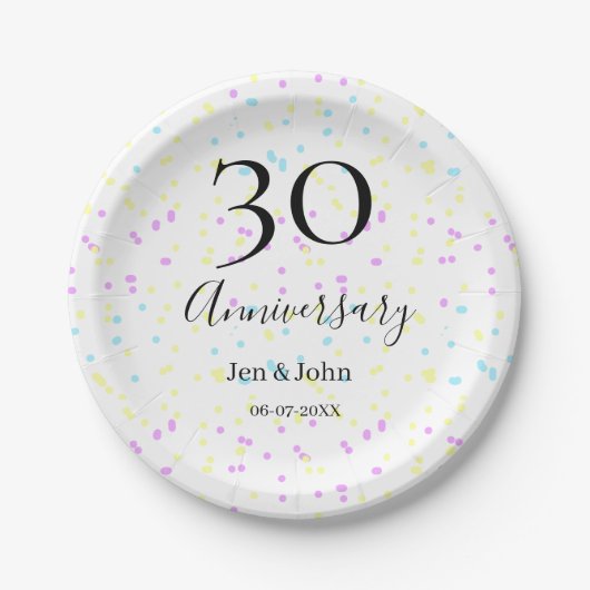 ブルーピンクイエロー水玉模様30周年記念 ペーパープレート (正面)