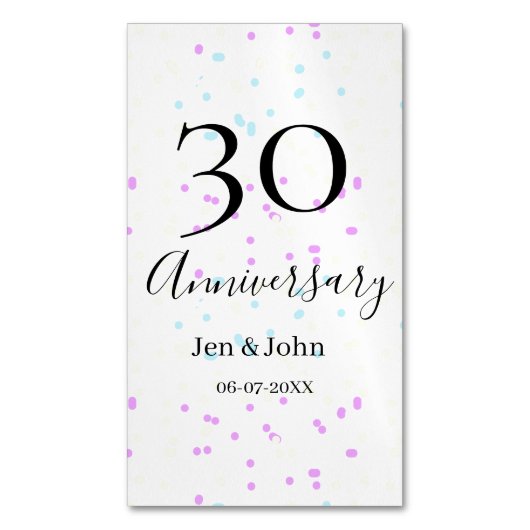 ブルーピンクイエロー水玉模様30周年記念 マグネット名刺 (正面縦)