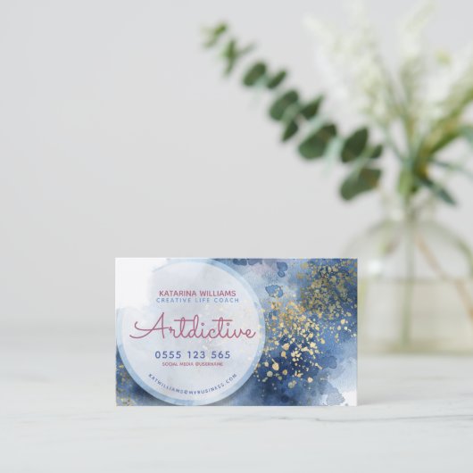 ブルーピンクウォーターカラークリエイティブコーチ起業家 名刺 (スタンド正面)