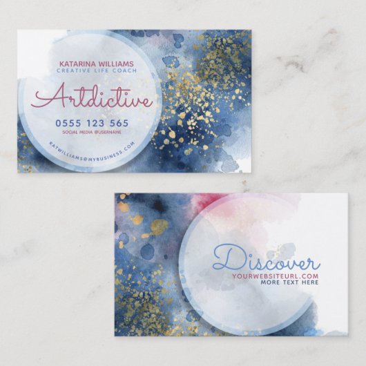 ブルーピンクウォーターカラークリエイティブコーチ起業家 名刺 (正面/裏面)