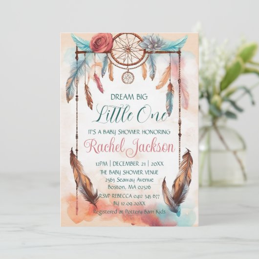 ブルーピンクウォーターカラードリームキャッチャー赤ちゃんシャワーアイディア 招待状 (スタンド正面)