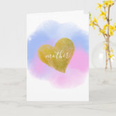ブルーピンクウォーターカラー金ゴールドハートマザームーム カード (黄色い花)
