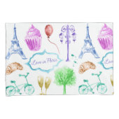 ブルーピンクエッフェルタワーパリウォーターカラーアート 枕カバー (正面右)