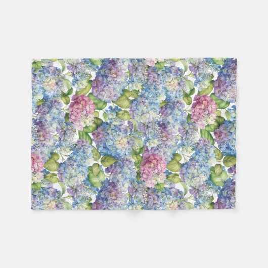 ブルーピンクエレガントアジサイの開花フローラ フリースブランケット (正面(横))