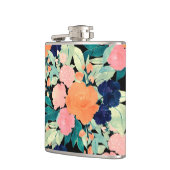 ブルーピンクエレガントオレンジ色の花ブラックフローラ フラスク (左)