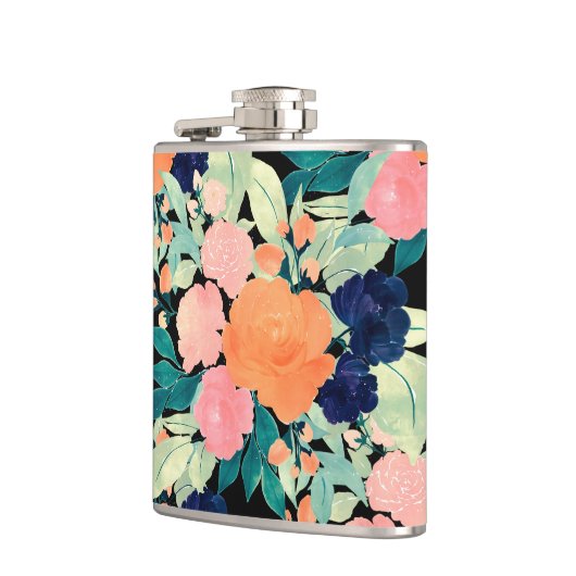 ブルーピンクエレガントオレンジ色の花ブラックフローラ フラスク (左)