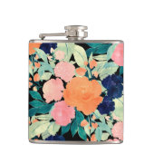 ブルーピンクエレガントオレンジ色の花ブラックフローラ フラスク (正面)