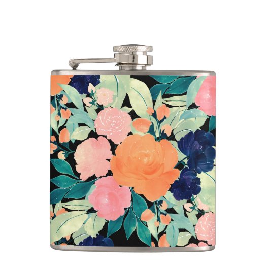 ブルーピンクエレガントオレンジ色の花ブラックフローラ フラスク (正面)