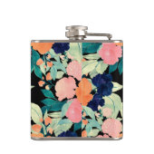 ブルーピンクエレガントオレンジ色の花ブラックフローラ フラスク (裏面)