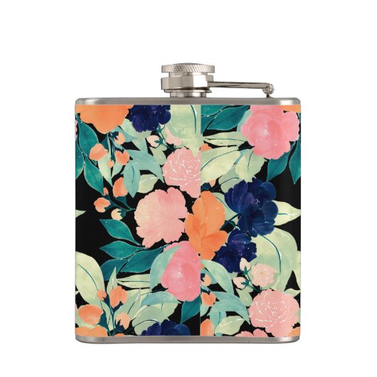 ブルーピンクエレガントオレンジ色の花ブラックフローラ フラスク (裏面)