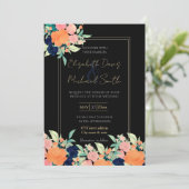 ブルーピンクエレガントオレンジ色の花ブラックフローラ 招待状 (スタンド正面)