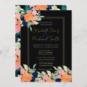 ブルーピンクエレガントオレンジ色の花ブラックフローラ 招待状 (正面/裏面)