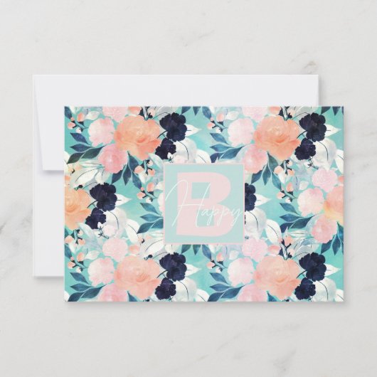 ブルーピンクエレガントミント花水彩フローラ サンキューカード (正面)