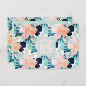 ブルーピンクエレガントミント花水彩フローラ サンキューカード (正面/裏面)